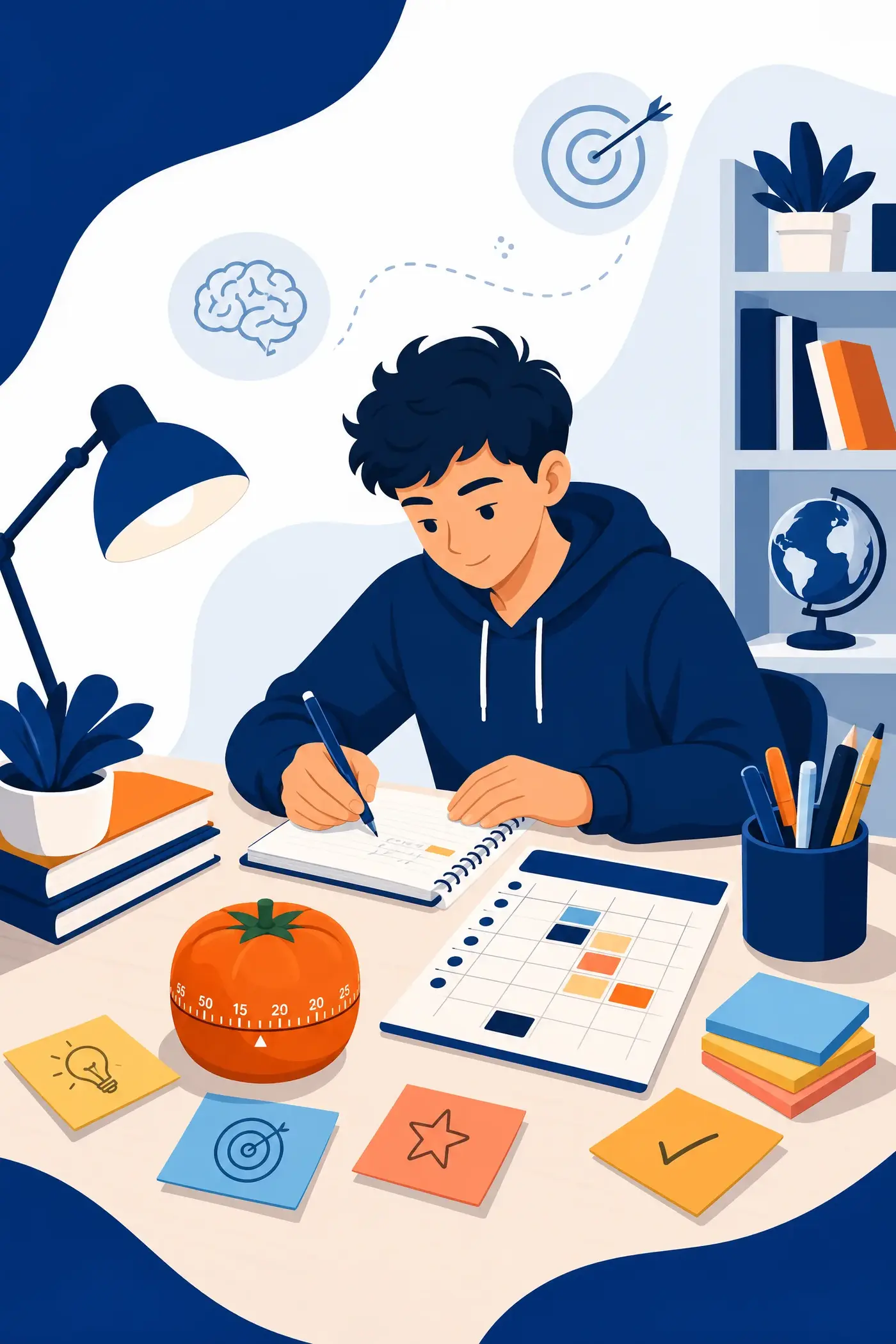 Pomodoro zamanlayıcı ile verimli ders çalışan bir öğrenci ve planlı çalışma düzeni